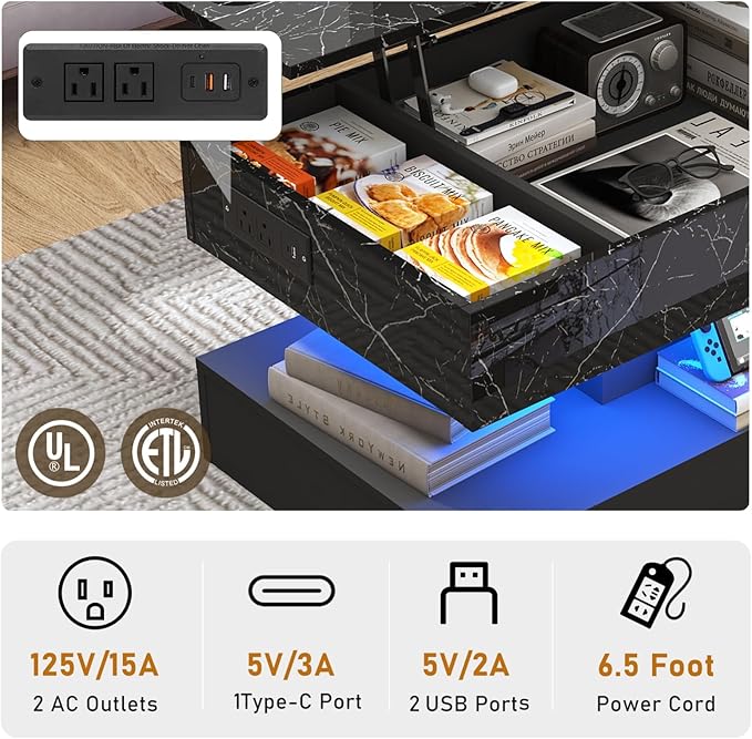 47.2" Large Lift Top Coffee Table, Modern LED High Glossy Coffee Table with Charging Station, Lights, Hidden Compartment Storage, Lift Center Tables for Living Room, Home Office, Black
