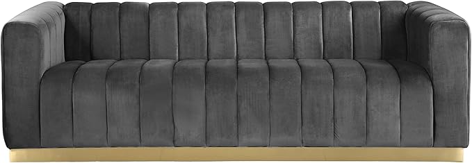Meridian Furniture 603Grey-S Marlon Collection Modern | Contemporary Velvet Upholstered Sofa with Deep Channel Tufting, Stainless Steel Base in a Brushed Gold Finish, Grey, 86.5" W x 34" D x 28" H