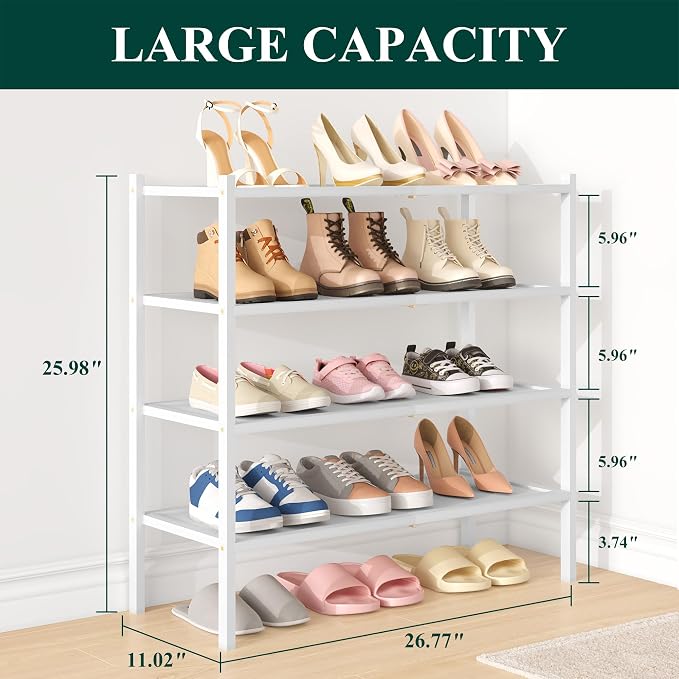 Smiry Bamboo Shoe Rack, 4 Tier Shoe Organizer for Entryway & Closet, Stackable Free Standing Storage Shelf for Shoes, Bags & Plants, White - Image 2