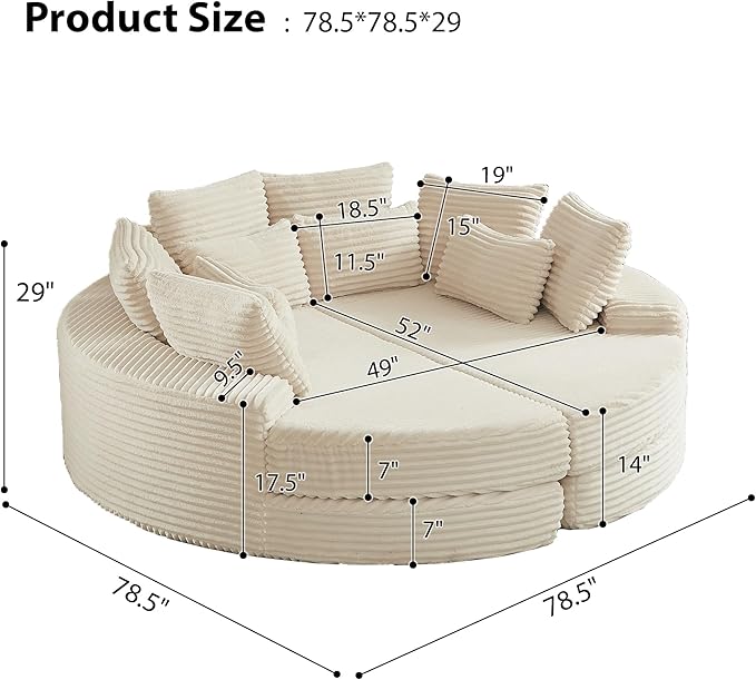 ERYE Oversized Round Sofa Chaise Daybed Comfy Corduroy Couch Boneless Sleeper Recliner Sofabed with 10 Pillows and Headrests
