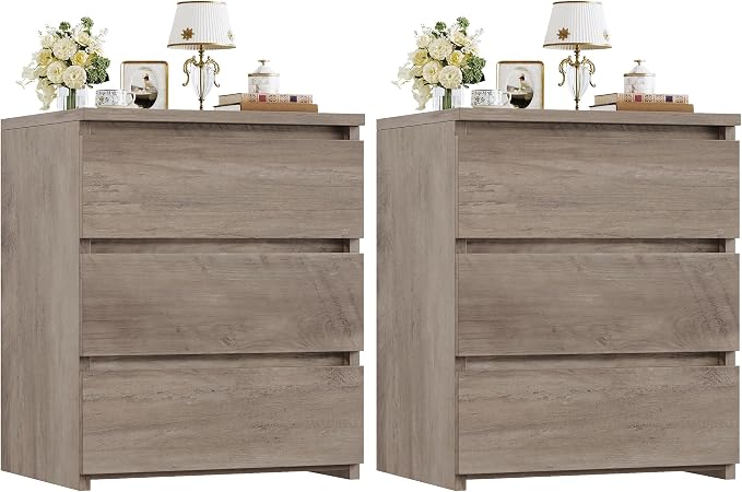 FOTOSOK Nightstand Set of 2 Nightstand with 3 Drawers, Bedside Table Night Stand for Bedroom with Cut-Out Handle, Sofa Side Table 3 Drawer Nightstand for Bedroom, 17.7W*15D*21.7H, Ash Grey by FOTOSOK