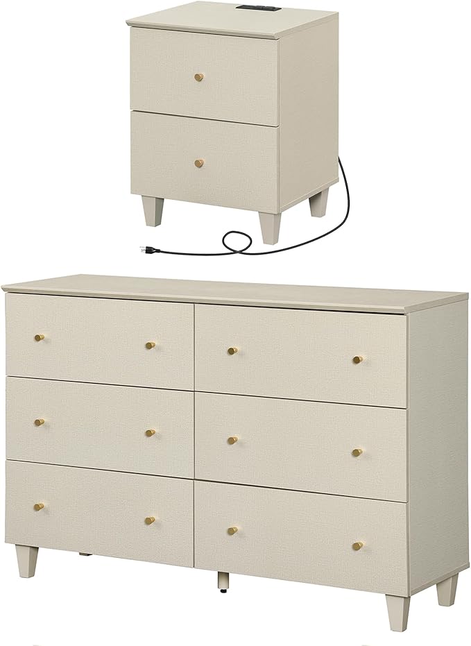 WAMPAT Dresser and Nightstand Set of 2, 47.2 Inches Wood Dresser with 6 Drawers, 1 Piece Nightstand with Drawers and Charging Station, Bedroom Furniture Set, Beige
