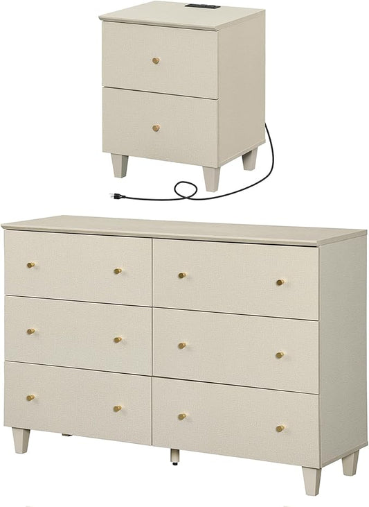 WAMPAT Dresser and Nightstand Set of 2, 47.2 Inches Wood Dresser with 6 Drawers, 1 Piece Nightstand with Drawers and Charging Station, Bedroom Furniture Set, Beige