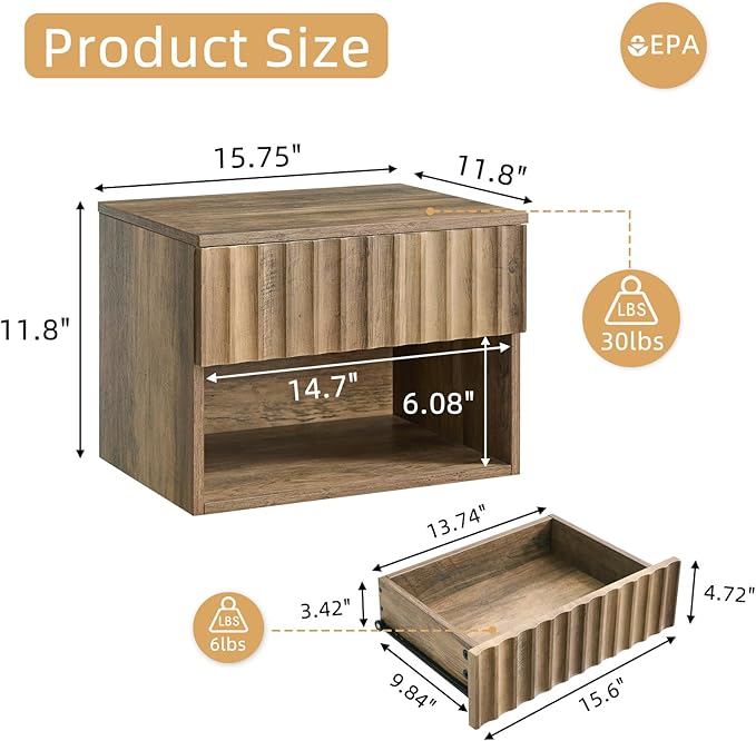 BuildHom Floating Nightstand with Fluted Drawer - Modern Wall Mounted Bedside Table with Open Storage Shelf, Small Night Stand TV Stand for Bedroom(Rustic Brown) - Image 2