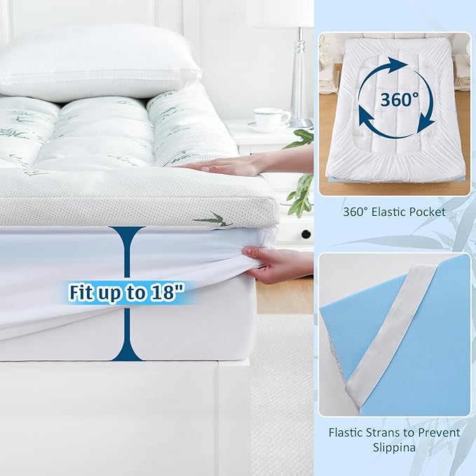 DOWNCOOL Dual Layer 4 Inch Memory Foam Mattress Topper Twin – 2 Inch Gel Memory Foam & 2 Inch Pillow Top Mattress Pad, Soft & Breathable Viscose Made from Bamboo, for Back Pain Relief
