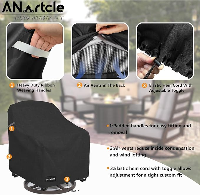 ANartcle Patio Chair Covers,600D Waterproof Heavy Duty Outdoor Lawn Patio Furniture Covers,Patio Swivel Chair Covers for Outdoor Furniture,(32W x 35D x 36H inches) Black - Image 5