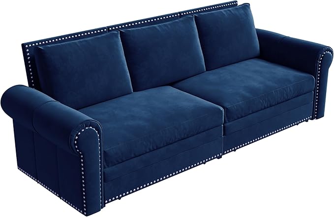Ball & Cast 3-in-1 Convertible Sofa Bed,93.7" Velvet Pull Out Couch Bed King Size, Loveseat Sleeper Sofa with Nailhead Trim & Rolled Arm,Multi-Functional Sofa Couches for Living Room,Blue