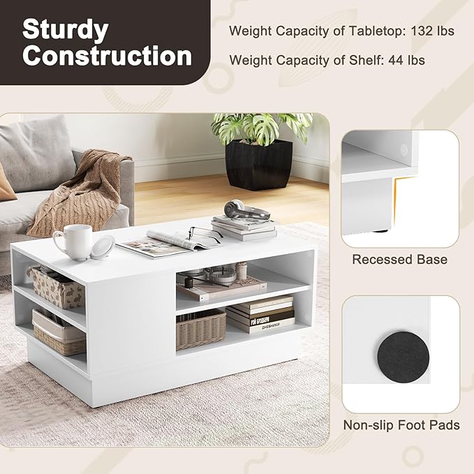 GOFLAME Modern Coffee Table with Storage, 34” Wooden Center Table with 2-Tier Open Storage Shelves, Open Side, Rectangular Tea Table for Living Room, Reception Room, Lounge, White