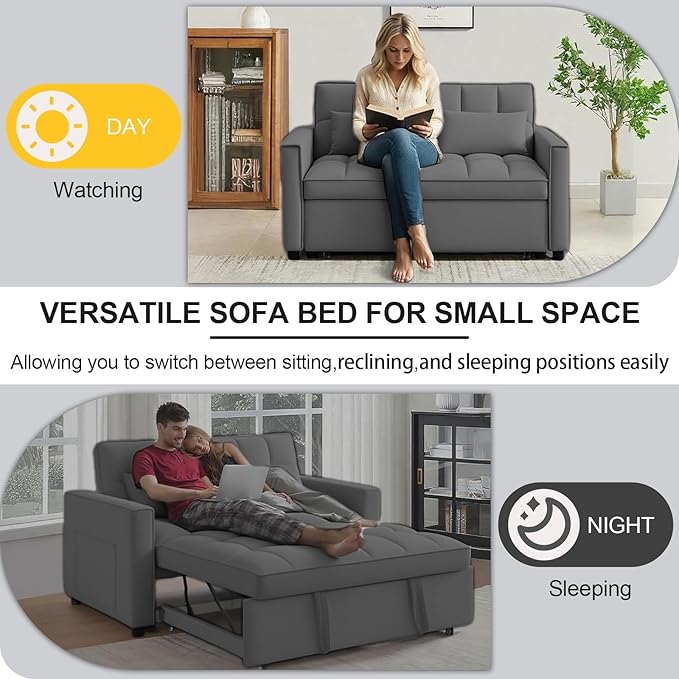 3 in 1 Convertible Sofa Bed, Love Seat Sleeper Bed with Side Pockets, Velvet Fabric Pull Out Couch with Adjustable Backrest for Living Room, Bedroom, Apartment, Dark Gray