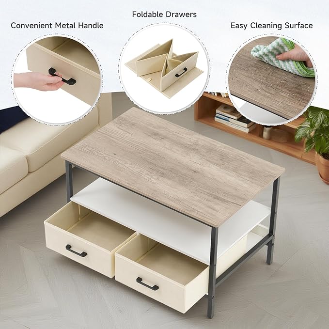 OC Orange-Casual 32" Coffee Table with Storage, 2-Tier Wood Coffee Table with Open Display Shelf & Foldable Drawers, Farmhouse Table with Metal Frame, Small Center Table for Living Room (31.5")