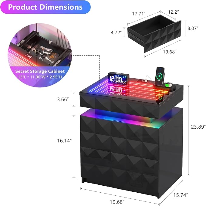 Dystler Night Stand with Charging Station and RGB Lights, LED Nightstand with Tempered Glass and Sliding Top, 3 Drawers Bedside Table with Hidden Storage, Lockable End Side Table for Bedroom, Black - Image 2