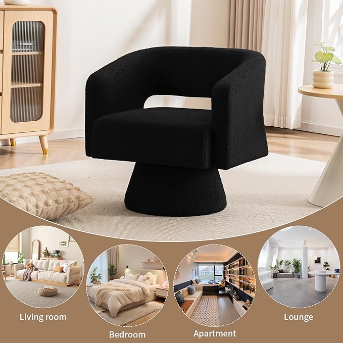 ClinQ Swivel Barrel Accent Chair, Oversized Teddy Upholstered Round Swivel Chairs Set of 1, Modern Luxury 360° Living Room Vanity Chair for Bedroom Office&Living Room, Black