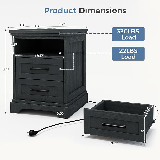 DUMOS Nightstand with Charging Station, Wood Farmhouse Bedside Table with 2 Drawers and Open Shelf, Wood End Table, Modern Side Table for Bedroom, Black - Image 2