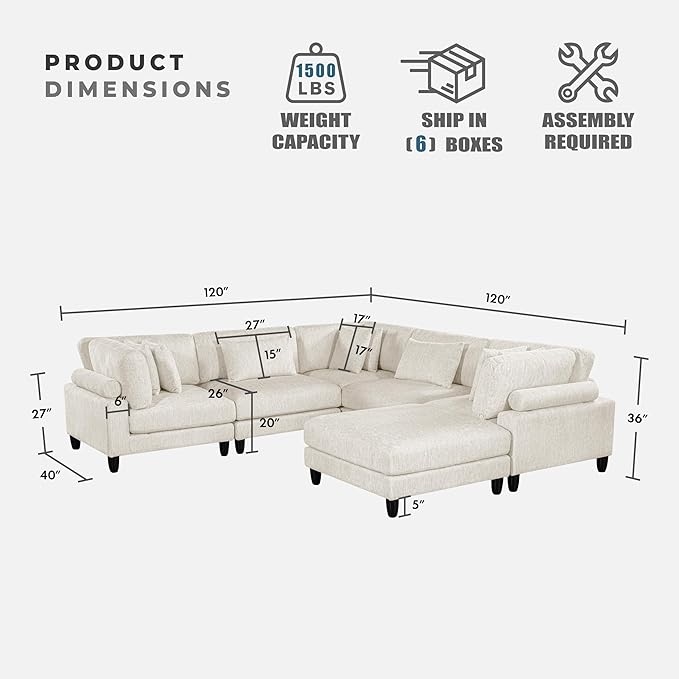 Lexicon 120 Inch Modular Sectional Sofa - Oversized 6 Seater Microfiber U Shaped Sectional Couch with Ottoman, 8 Accent Pillows, and Flexible Arrangement for Modern Living Rooms, Beige