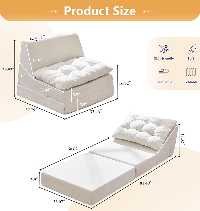 Hobestluk Sofa Couch Folding Sofa Bed Comfy Floor Lounger Convertible Sofa with Removable Cushion Couches for Small Spaces Foldable Mattress for Living Room Bedroom or Office (Chenille Beige, Large)