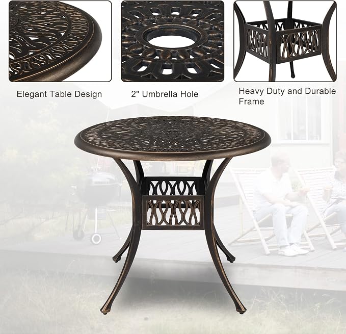 VINGLI 5-Piece Outdoor Patio Dining Set, Cast Aluminum All-Weather Outdoor Table and Chairs w/Cushion, Outdoor Furniture Set w/Umbrella Hole for Backyard Deck Poolside (Round, Elizabeth Back) - Image 3