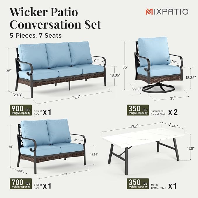 Patio Furniture Set with Coffee Table, Outdoor Conversation Set with 2 x Swivel Chairs, 1 x 2-Seat Sofa, 1 x 3-Seat Sofa for Lawn Garden Backyard, Blue