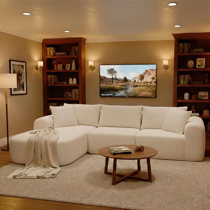 104" Modular Sectional Sofa with L-Shape Chaise, Sherpa Modern Upholstered Cloud Couches for Living Room Bedroom, No Assembly Required, White