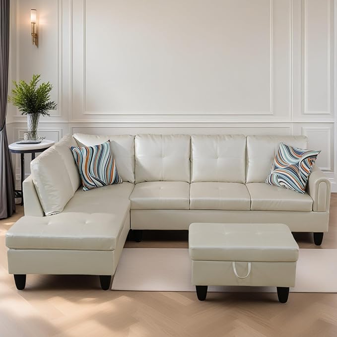 FONTOI L Shaped Sectional Couches for Living Room, Leather Couch Modular Sectional Sofa with Ottoman Storage, Modern L Shaped Couch with Chaise for Bedroom Apartment Furniture, White