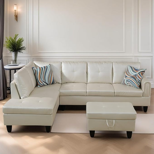FONTOI L Shaped Sectional Couches for Living Room, Leather Couch Modular Sectional Sofa with Ottoman Storage, Modern L Shaped Couch with Chaise for Bedroom Apartment Furniture, White