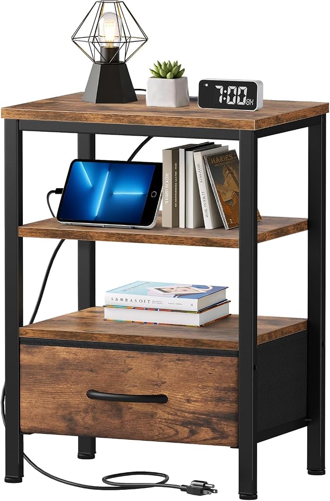 Nightstand Set of 2 with Charging Station, Bedside Table with USB Ports & Outlets, Small Dresser End Table with Fabric Drawer and Open Storage Shelf, Wooden Top for Bedroom, Brown by SageNest