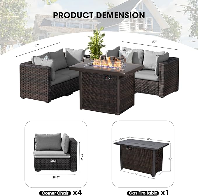 Patio Furniture Set with Fire Pit Table 5 Piece All Weather PE Rattan Outdoor Sectional Sofa Couch with 4 x arm Sofa, No-Slip Cushions for Garden, Poolside, Backyard (Gray)