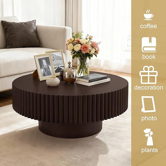 Rovibek Fluted Round Coffee Table, 31.5" Modern Wooden Coffee Table with Fluted Base, Circle Accent Center Table for Living Room Apartment Office Small Space, Easy Assembly (Brown)