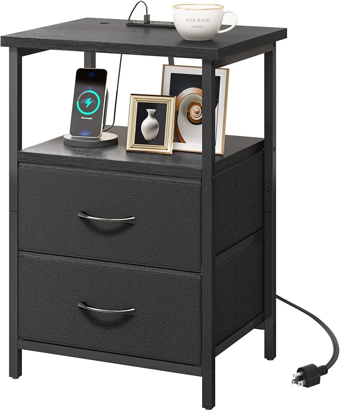 Fixwal Black Night Stand with Charger Station, Nightstand with Charging Station & Fabric Drawers by Fixwal