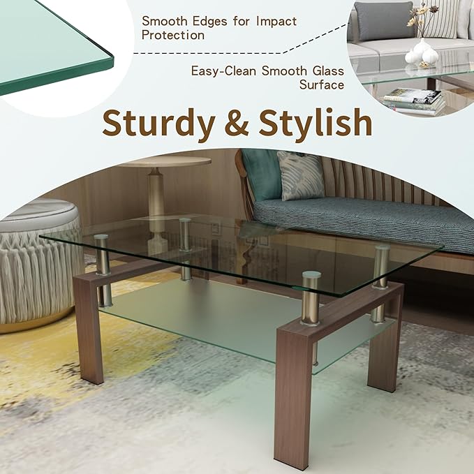 39.4'' Rectangle Glass Coffee Table, Brown Coffee Table with Tempered Glass & Metal Legs, 2-Tier Modern Center Table with Storage Shelf, Clear Glass Coffee Tables for Living Room, Apartment, Office