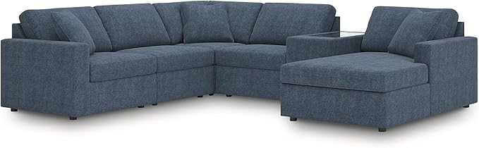Signature Design by Ashley Contemporary Modmax Stain Resistant U-Shape Left-Arm Facing 6-Piece Sectional with Chaise, Storage Console and Reversible Cushion, Dark Blue