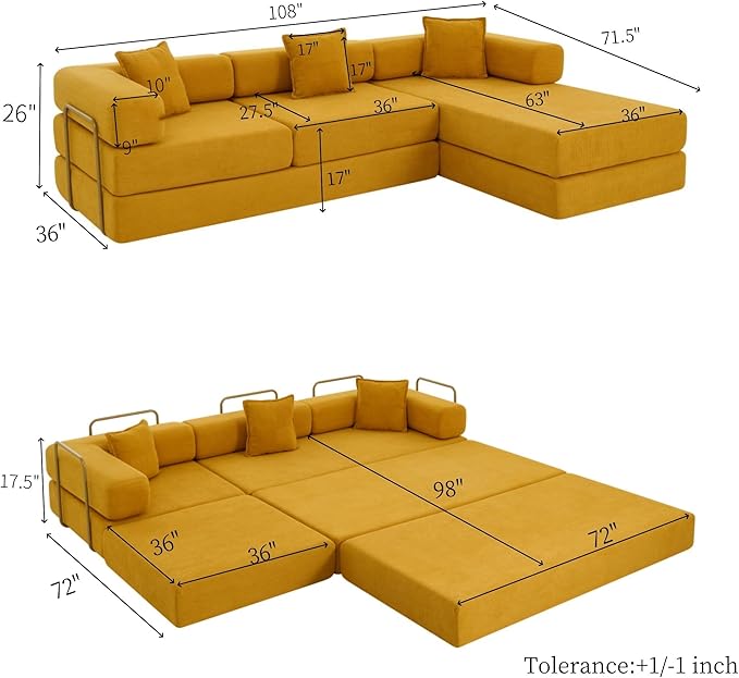 Eafurn L Shaped Convertible Sleeper Sofa Bed King Size Sleeper Sofabed, 7-in-1 DIY Combination Corduroy Folding Mattress Couch with Fixed-Shape Frame, Boneless Floor Sofa Couch