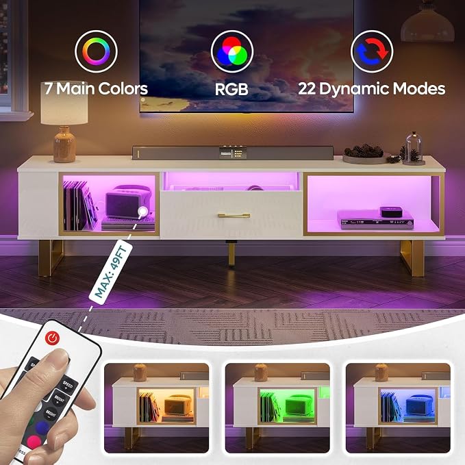 Bestier TV Stand with LED Light for TVs up to 80 Inch, Modern Entertainment Center with Open Storage and Half-Glass Design Drawer, High Gloss Media Console Table for Living Room Bedrom, White and Gold - Image 3