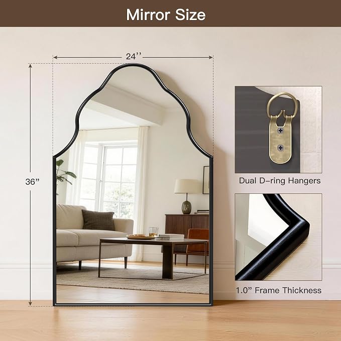 Arched Scalloped Mirror, 24" x 36"Black Arched Bathroom Mirror with Rubberwood Frame, Arch Wall Mirrors for Fireplace, Bedroom, Living Room, Entryway - Image 2