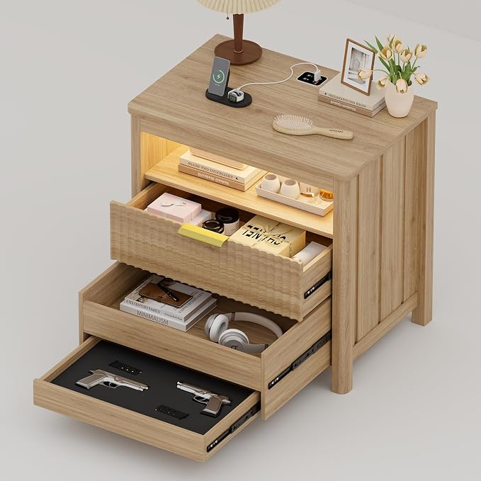 WOOVIVS End Table with Gun Drawer - Farmhouse Night Stand with Charging Station for Bedroom, Smart Side Table with LED Lights for Livingroom, Hidden Compartment Nightstands-Wood by WOOVIVS