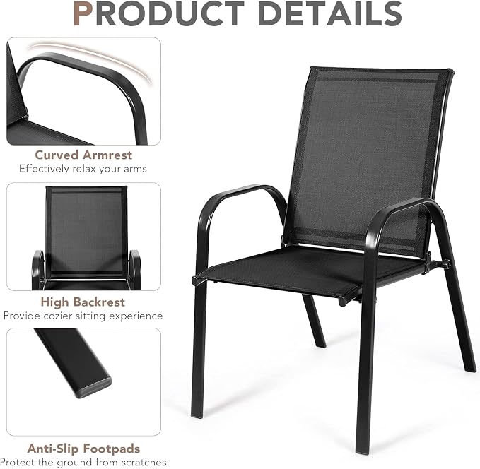 Tangkula 2 Piece Patio Dining Chairs, Outdoor Bistro Chairs W/Curved Armrests, Easy-to-Dry Fabric, Reinforced Steel Frame, Wide & Comfortable Camping Chairs for Garden, Poolside, Backyard (1, Black) - Image 7