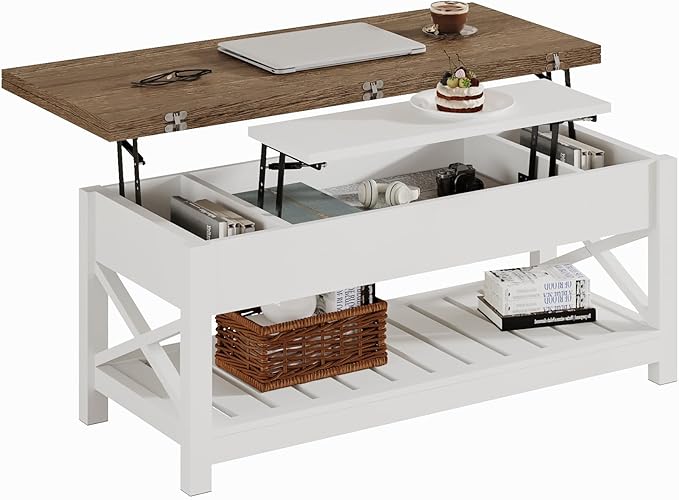 ChooChoo Farmhouse Lift Top Coffee Table, Multi-Function Convertible Coffee Table with Storage and Hidden Compartment, Converts to Dining Table for Living Room, 40 White & Brown