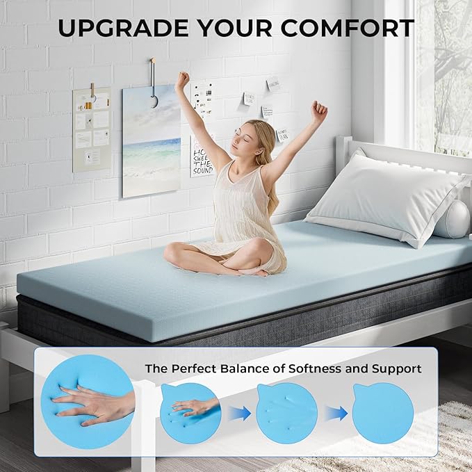 OhGeni Memory Foam Mattress Topper Pad, Soft Bed Cover with Anti-Slip Base, Size Twin XL, Style 2 Inch with Cover
