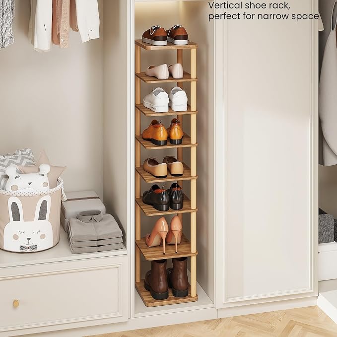 LUCKNOCK Vertical Shoe Rack, 8-Tier Tall Narrow Shoe Organizer for Entryway, Closet, Dorm & Small Spaces, Freestanding Wooden Shoe Shelf Tower for Boots, Sneakers, Heels. (Walnut) - Image 5