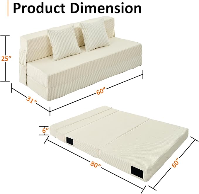Queen Size Folding Sofa Bed - 4 in 1 Convertible Sleeper Chair with Two Pillows - High Density Memory Foam Futon Couch - Foldable Bed for Living Room Bedroom (Beige)