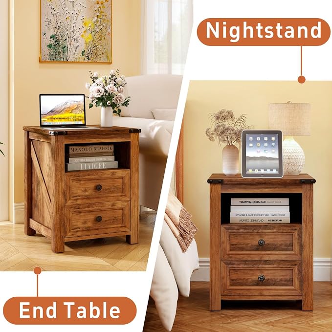 Vipbear 18" Nightstand with Charging Station Brown Farmhouse End Table with Two Drawers Wood Night Stand Modern Bedside End Table with Open Shelf Storage Space for Bedroom,Closet - Image 5