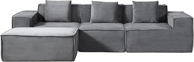 Rowan Convertible Corduroy Sectional Couch with Ottoman & Pillows, Modular L Shaped Sleeper Sofa, Boneless Cloud Couch for Living Room Furniture, Dark Grey