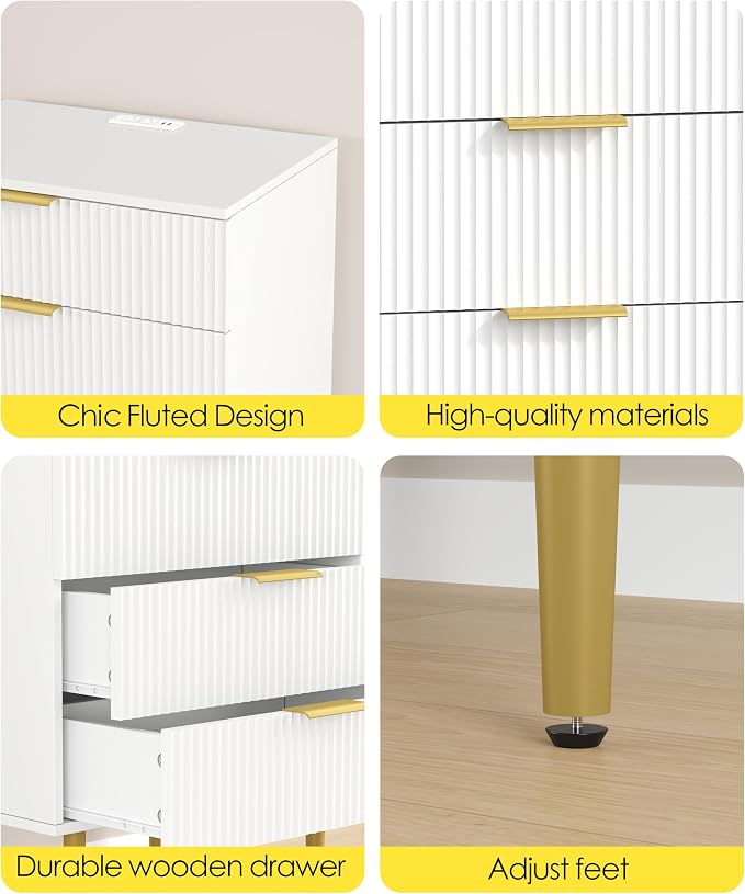 Akxomel 3 Drawer Nightstand with Charging Station, 23.2" W Large Fluted Night Stand, Modern Bedside Table with USB Ports and Outlets, for Bedroom, White and Gold - Image 7