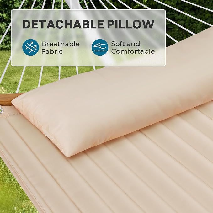 SUPERJARE Hammock with Stand, 2 Person Heavy Duty Hammock with Padded Cotton, Detachable Pillow & Strong Curved-Bar & Portable Carrying Bag, Perfect for Outdoor & Indoor, Beige - Image 4