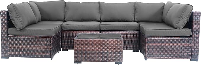 7 Piece Outdoor Patio Furniture Set, Rattan Weather-Resistant Outdoor Conversation Set, Outside Furniture Patio Sectional Sofa Set with Thick Cushions and Coffee Table, Gray