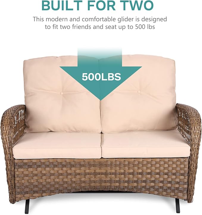 MEETWARM 7 Pieces Outdoor Patio Rattan Furniture Sets, All Weather Patio Wicker Conversation Set- 2 Rocking Glider, 2 Swivel Chairs, 1 Loveseat Glider with Cushions, 2 Glass-Top Coffee Table, Beige