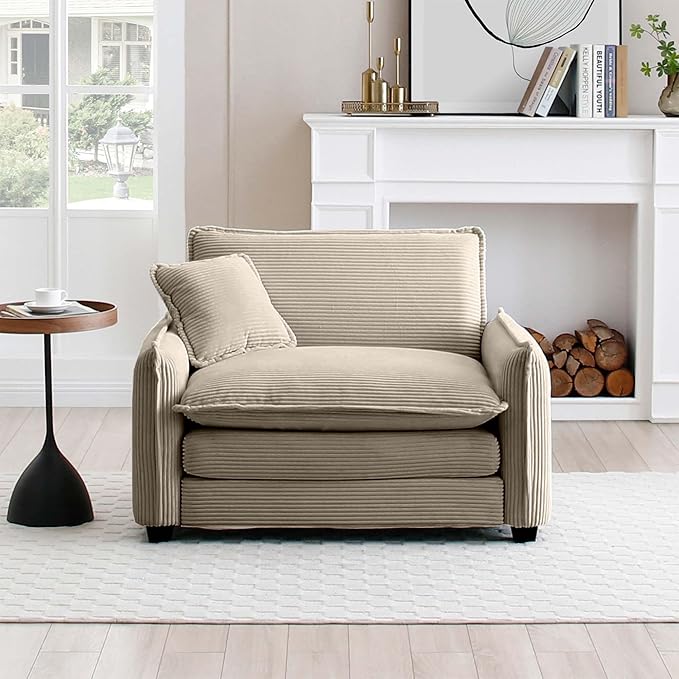 KEIKI 46" Oversized Corduroy Modular Sectional Single Sofa with High-Density Foam Cushions, Removable Armrests, Upholstered Retro 1-Seater Lounge Accent Chair with 1 Pillow, for Living Room, Tan