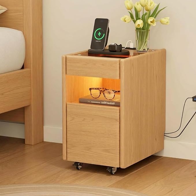 3 Drawers Nightstands with Charging Station,Modern Nightstand with Hidden Drawer,Jewelry Drawer,Mobile Bedside Table for Bedroom,Natural Finish by YQJJGL