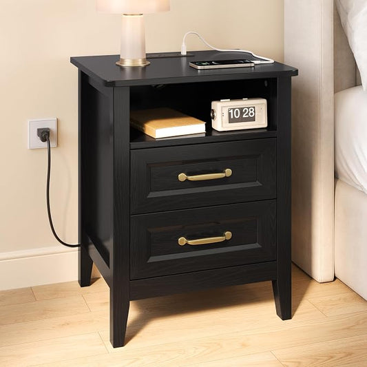 Gizoon Nightstand with Charging Station, Bedside Table Set for Bedroom, Modern Wood Nightstand with 2 Drawers & Open Shelf, Black by Gizoon