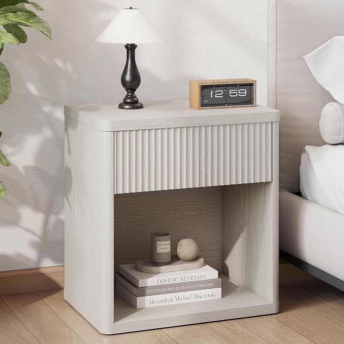 LubanNese Fluted Nightstand with Drawer, Modern Night Stand, Bed Side Table with Storage, End Table Large Wide Bedside Stand, Mid Century Night Stands for Bedroom Living Room, Oatmeal Ash by LubanNese