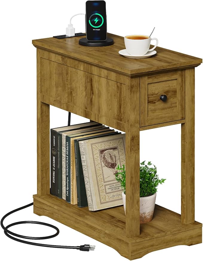 Farmhouse Nightstand with Charging Station, Side Table with Storage, Thicken Base, for Bedroom, Brown by Draelibor